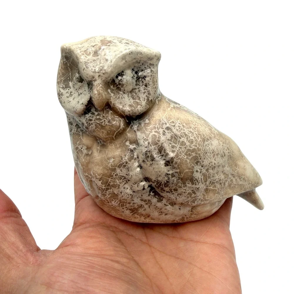Owl Figurine Planter 5in Brown Tan Marbled Ceramic MCM Style